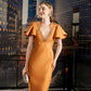Orange V-Neck Pencil Dress with Flutter Sleeves and Embellished Neckline