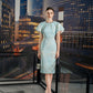 Light Blue Sheath Dress with Metallic Finish and Cape Sleeves