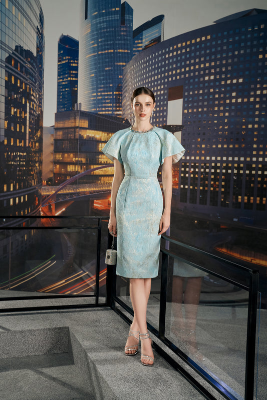Light Blue Sheath Dress with Metallic Finish and Cape Sleeves