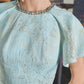 Light Blue Sheath Dress with Metallic Finish and Cape Sleeves