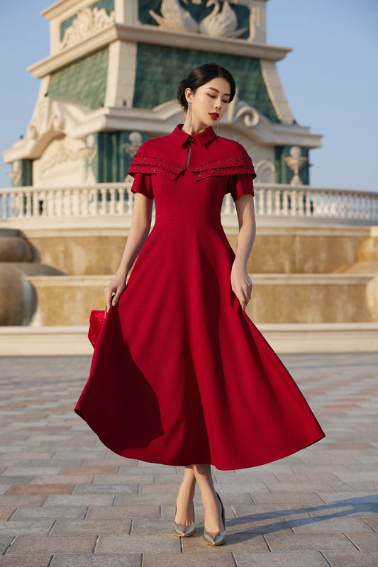 Red A-Line Midi Dress with Capelet Collar