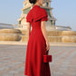 Red A-Line Midi Dress with Capelet Collar