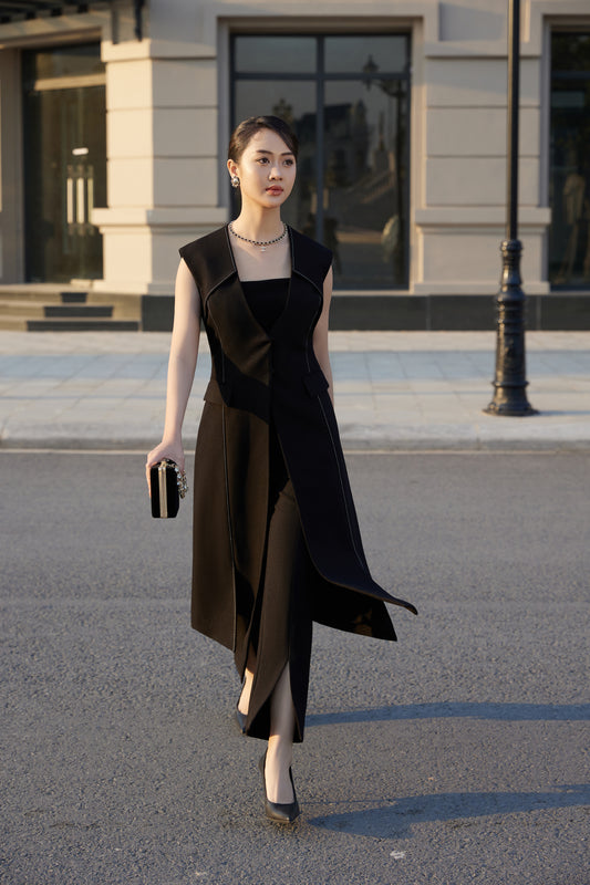 Black Sleeveless Longline Blazer Vest with Wide-Leg Pants Set