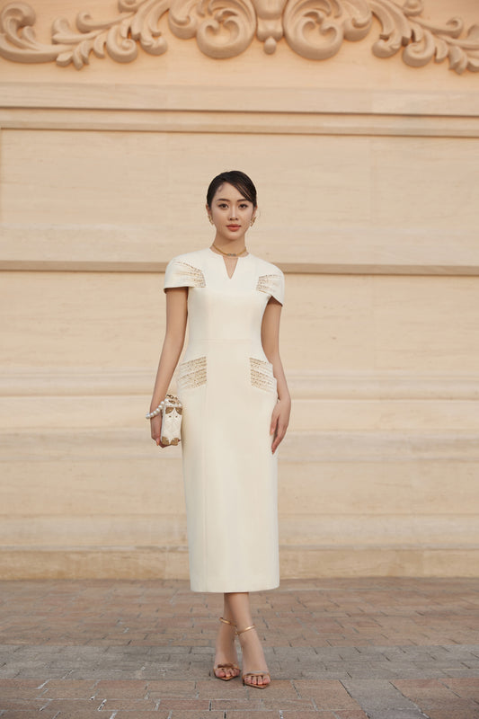 Ivory Midi Dress with Cap Sleeves and Lace Detailing