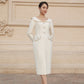 Ivory Long-Sleeve Midi Dress with Structured Collar and Beaded Accents