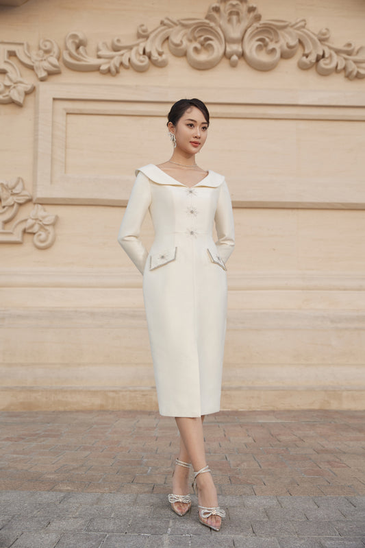 Ivory Long-Sleeve Midi Dress with Structured Collar and Beaded Accents