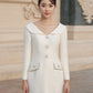 Ivory Long-Sleeve Midi Dress with Structured Collar and Beaded Accents