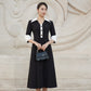 Vintage Black A-Line Dress with Contrast White Collar and Cuff Details