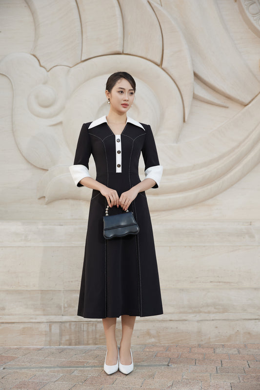 Vintage Black A-Line Dress with Contrast White Collar and Cuff Details