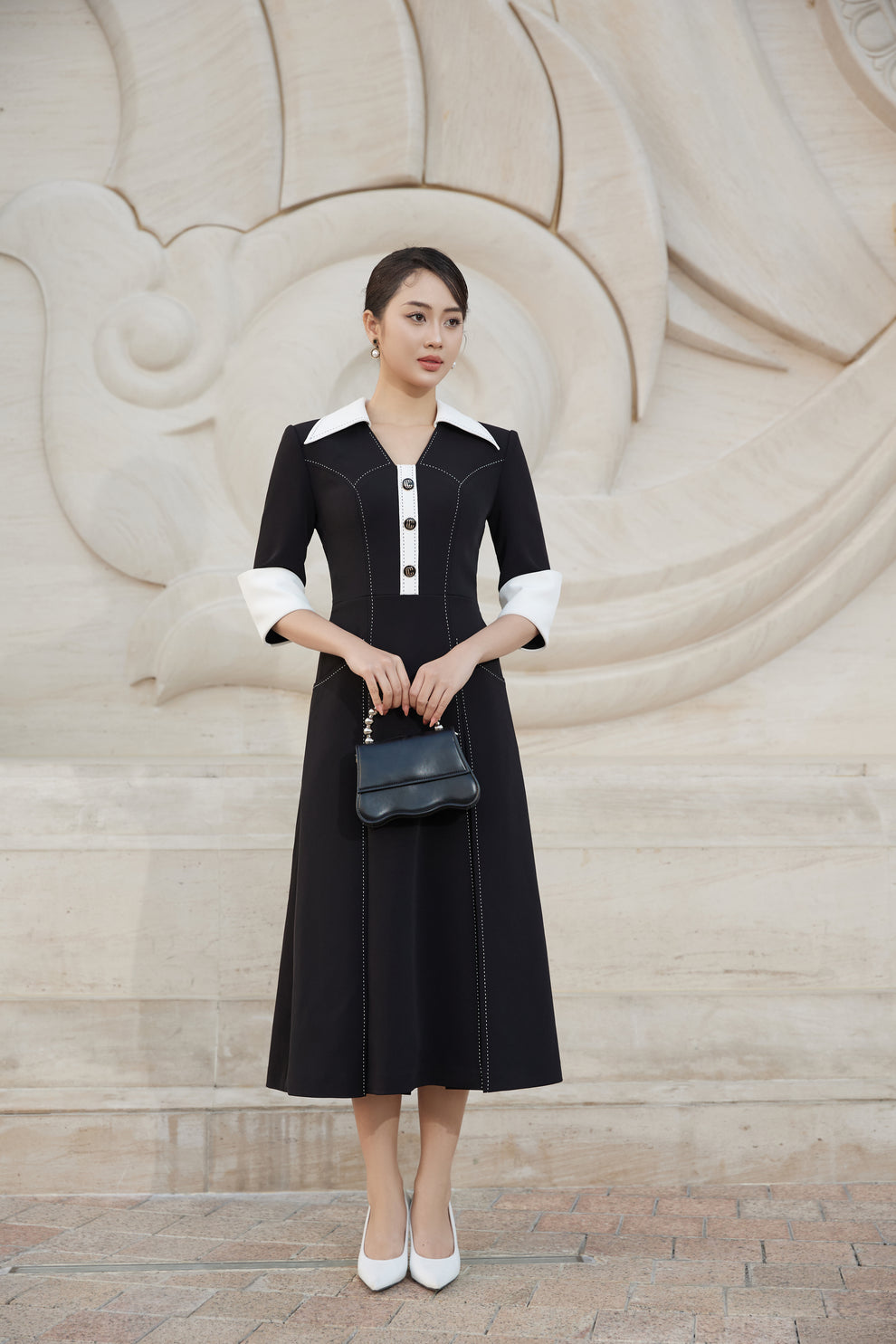black a line dress with white collar Women's Binky A-line Shirt Collar Linen Cotton Midi Dress S/M/L/Customize Black MEAN BLVD L / Black