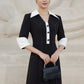 Vintage Black A-Line Dress with Contrast White Collar and Cuff Details