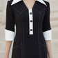 Vintage Black A-Line Dress with Contrast White Collar and Cuff Details