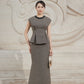 Peplum Maxi Dress with Beaded Collar and Button Accents