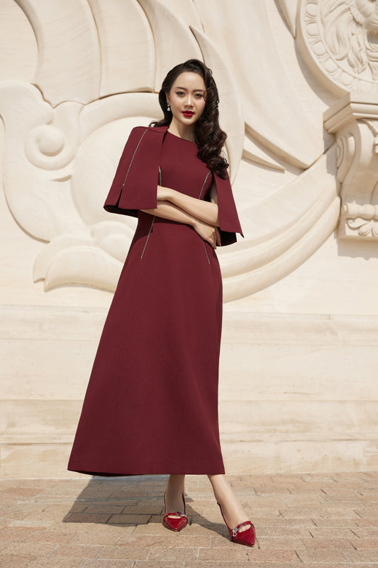 Burgundy Cape Sleeve Midi Dress for Women