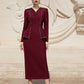 Burgundy Midi Dress with Beaded Detailing and Long Sleeves