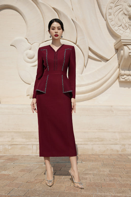 Burgundy Midi Dress with Beaded Detailing and Long Sleeves