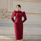 Burgundy Structured Pencil Dress with Statement Shoulders