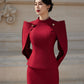 Burgundy Structured Pencil Dress with Statement Shoulders