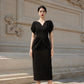 Black Peplum Midi Dress with Beaded Flutter Sleeves