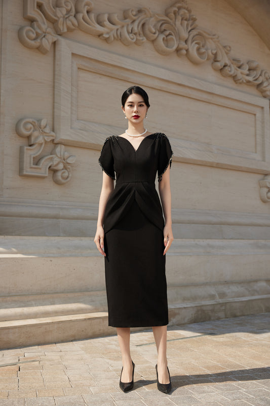 Black Peplum Midi Dress with Beaded Flutter Sleeves