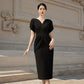 Black Peplum Midi Dress with Beaded Flutter Sleeves