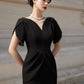 Black Peplum Midi Dress with Beaded Flutter Sleeves