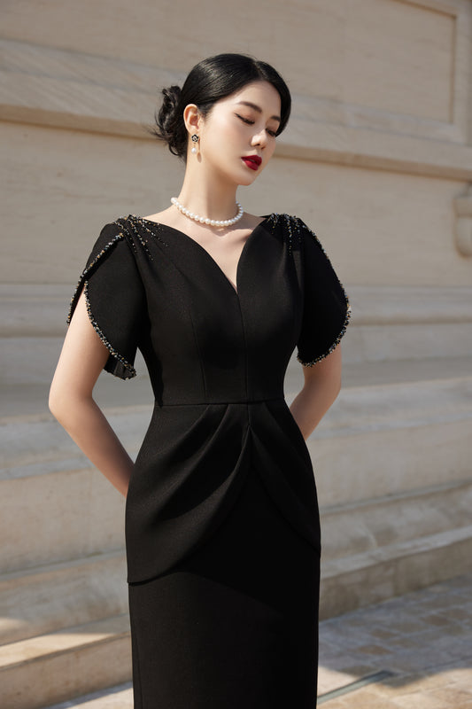 Black Peplum Midi Dress with Beaded Flutter Sleeves