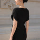 Black Peplum Midi Dress with Beaded Flutter Sleeves
