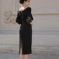 Black Midi Dress with Embroidered Puff Sleeves, Vintage-Inspired Square Neckline