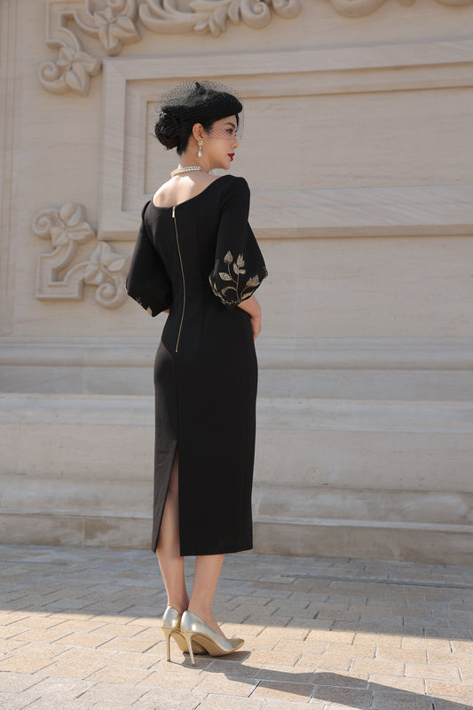 Black Midi Dress with Embroidered Puff Sleeves, Vintage-Inspired Square Neckline