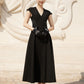 Black A-Line Midi Dress with Cap Sleeves and Beaded Waist Detail