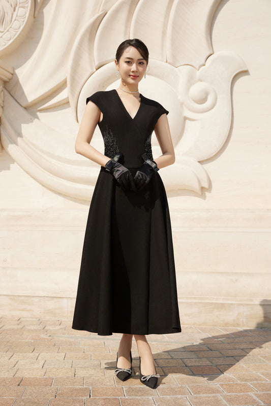 Black A-Line Midi Dress with Cap Sleeves and Beaded Waist Detail