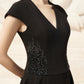 Black A-Line Midi Dress with Cap Sleeves and Beaded Waist Detail