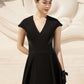Black A-Line Midi Dress with Cap Sleeves and Beaded Waist Detail