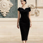 Black Velvet Bodycon Midi Dress with Pearl Embellished Neckline