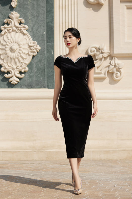 Black Velvet Bodycon Midi Dress with Pearl Embellished Neckline