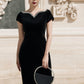Black Velvet Bodycon Midi Dress with Pearl Embellished Neckline