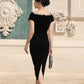 Black Velvet Bodycon Midi Dress with Pearl Embellished Neckline