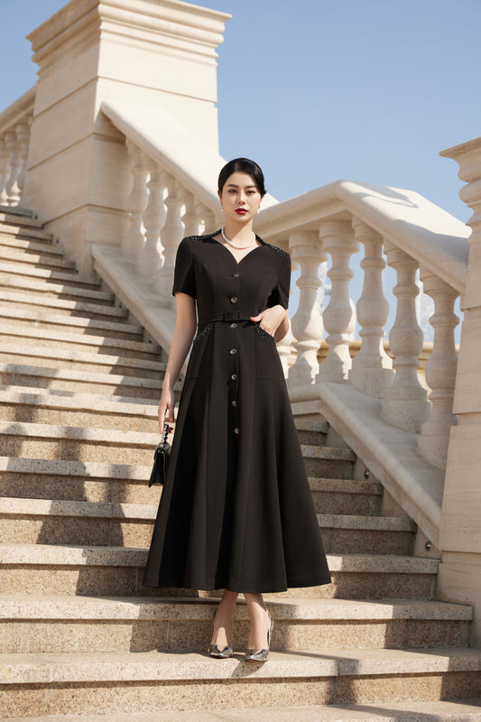 Black Button-Down A-Line Midi Dress with Beaded Detailing