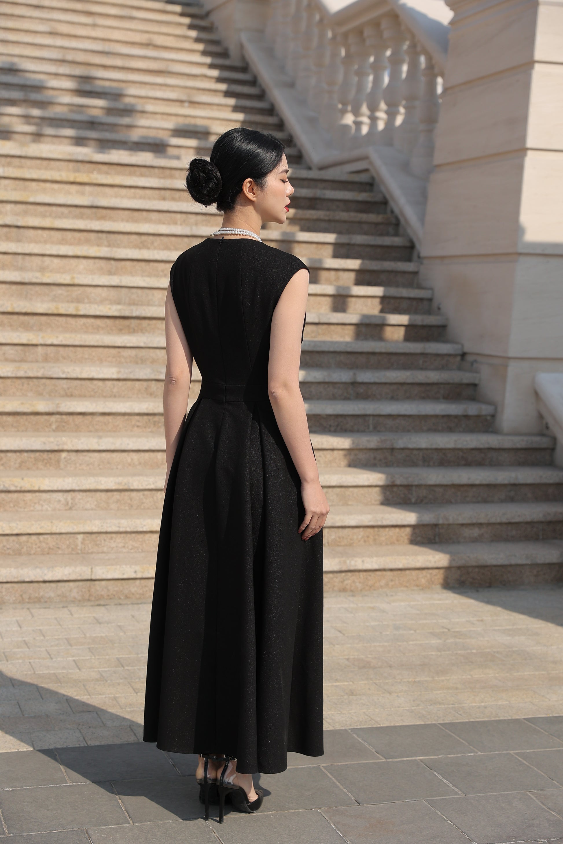 Black Midi Dress with Flared Skirt My Store Black Midi Dress with Flared Skirt My Store