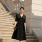 Black A-Line Mid-Length Coat with Embroidered Collar and Belt