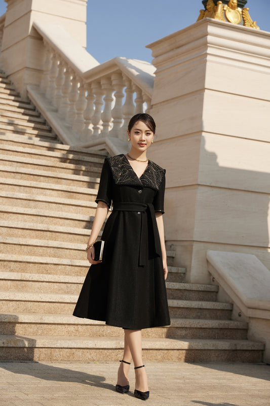 Black A-Line Mid-Length Coat with Embroidered Collar and Belt