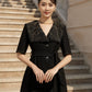 Black A-Line Mid-Length Coat with Embroidered Collar and Belt