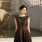 Vintage Sleeveless Brown Jacquard Evening Gown with Beaded Bodice