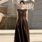 Vintage Sleeveless Brown Jacquard Evening Gown with Beaded Bodice