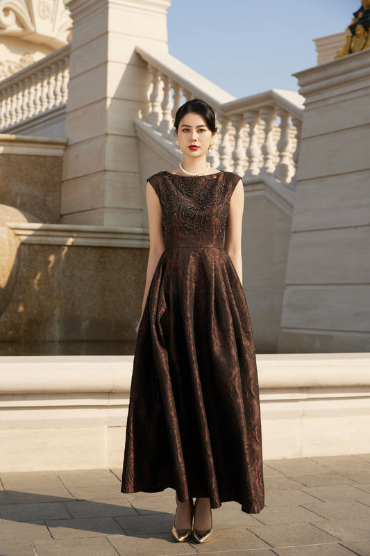 Vintage Sleeveless Brown Jacquard Evening Gown with Beaded Bodice