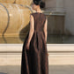 Vintage Sleeveless Brown Jacquard Evening Gown with Beaded Bodice
