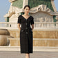 Elegant Black Midi Dress with Vintage Rhinestone Buttons and Beaded Accents