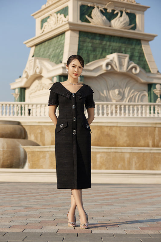 Elegant Black Midi Dress with Vintage Rhinestone Buttons and Beaded Accents