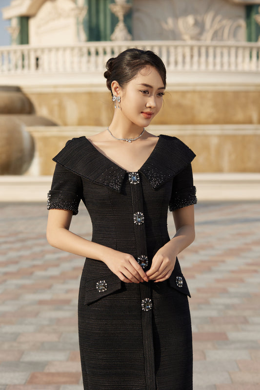 Elegant Black Midi Dress with Vintage Rhinestone Buttons and Beaded Accents